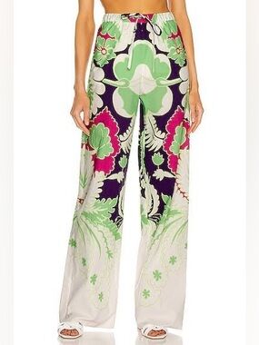 Valentino Wide-Leg Floral Print Pants in Green, Fuchsia and Navy
